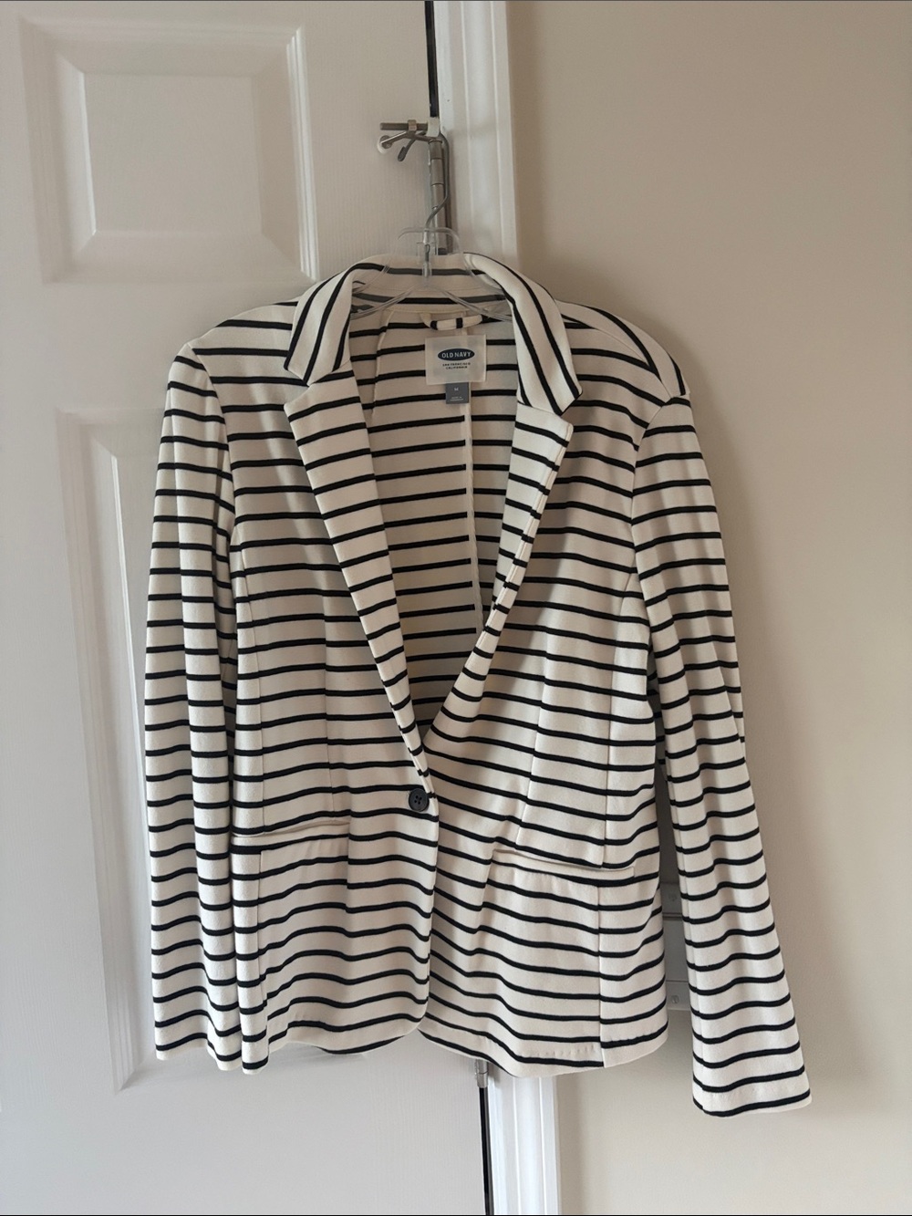 Old Navy White and Black Striped Single-Button Blazer/jacket